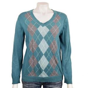 Van Heusen Argyle Diamond  Sweater V-Neck Long Sleeve Cotton Size Medium